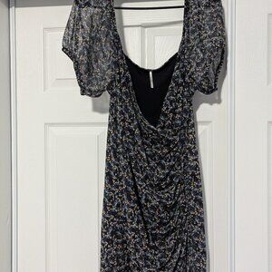 Free People Floral Mesh Material Mini Dress Puff Sleeve Low Back V Neck